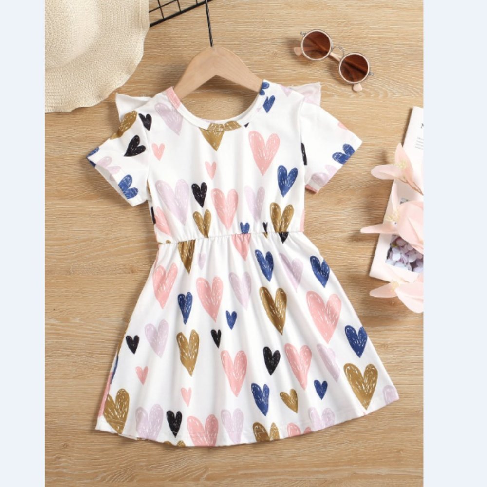 Girls Heart Print Ruffle Shoulder Dress - Picture 2 of 6